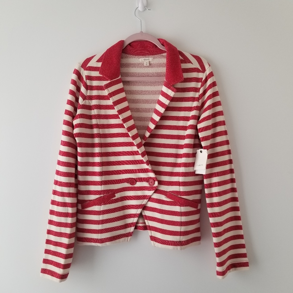 Caslon women's red and white stripped cotton blazer size M